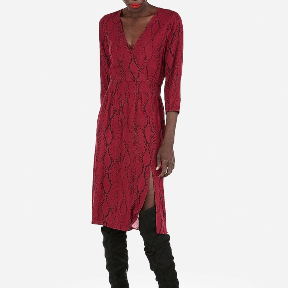 Snakeskin Print Surplice Fit And Flare Dress